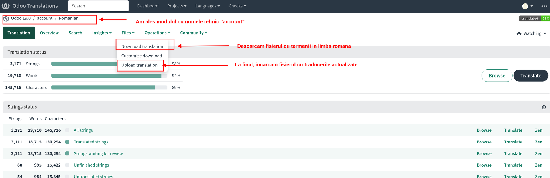 Meniul Files din Weblate: Download translation și Upload translation